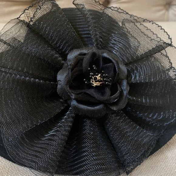 Geo W Bollman CO Black Wool Hat Flower Netting Ribbon USA Vintage main image 8